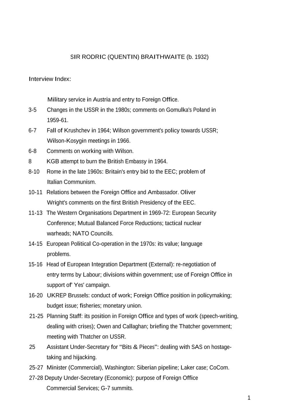 Miniature of Transcript of interview: Sir Rodric Braithwaite