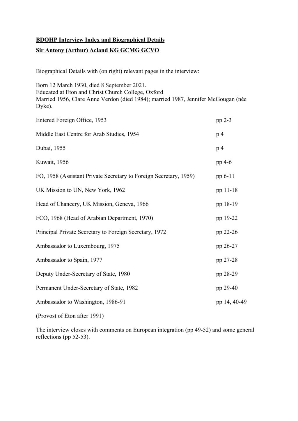 Miniature of Transcript of interview: Sir Antony Acland
