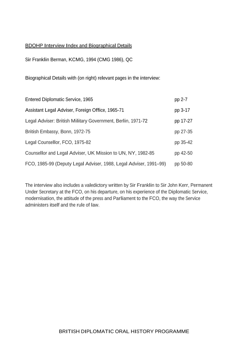 Miniature of Transcript of interview: Sir Franklin Berman