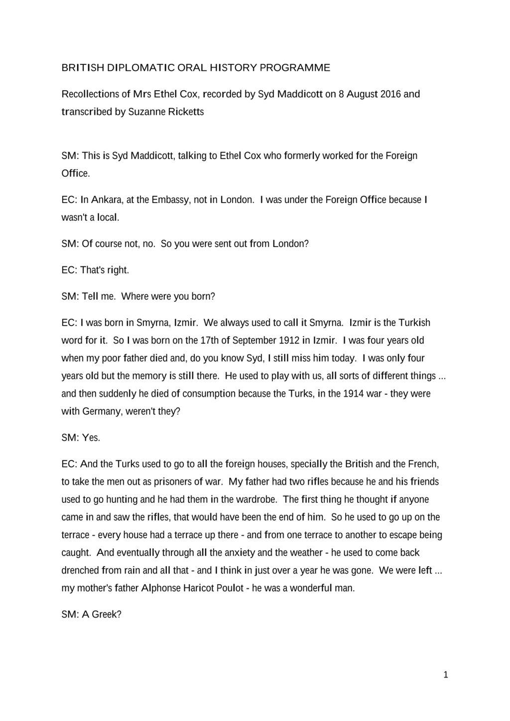 Miniature of Transcript of interview: Ethel Cox