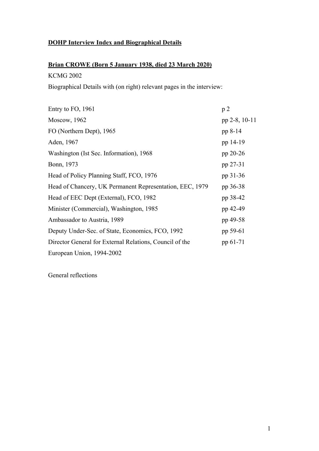 Miniature of Transcript of interview: Sir Brian Crowe