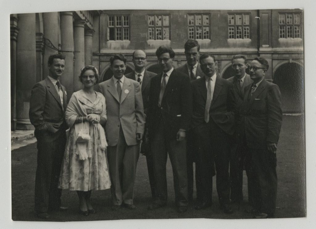 Miniature of Black and white photograph of Edwards with a group [including Alan Gates, at a meeting in Trinity College, Cambridge]