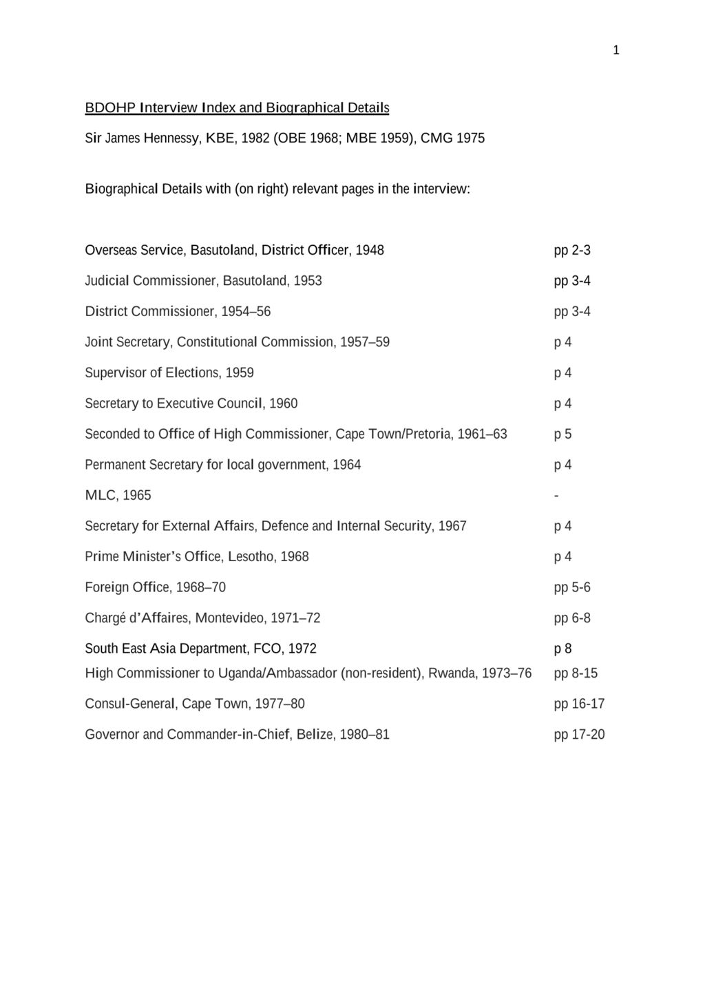 Miniature of Transcript of interview: Sir James Hennessy