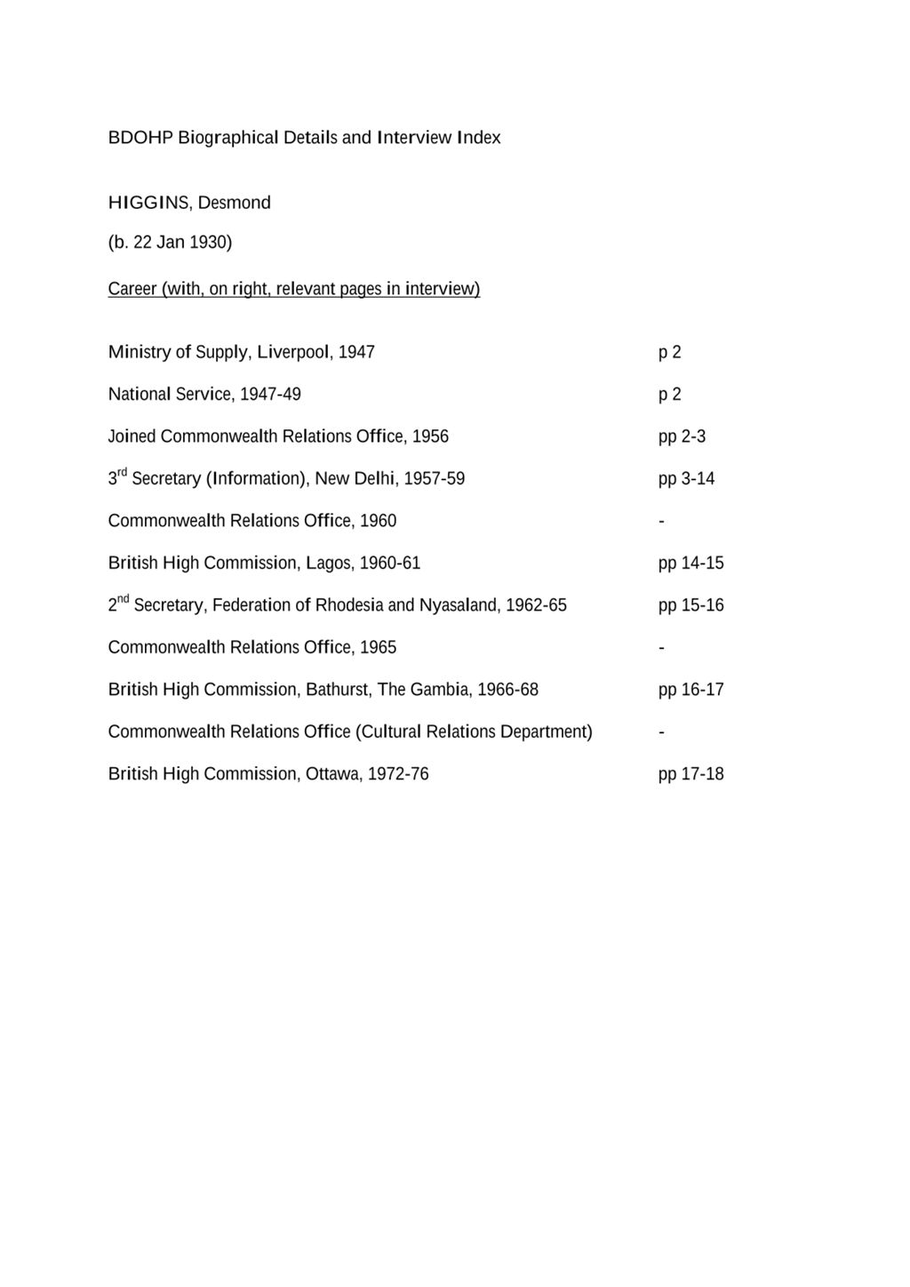 Miniature of Transcript of interview: Desmond Higgins