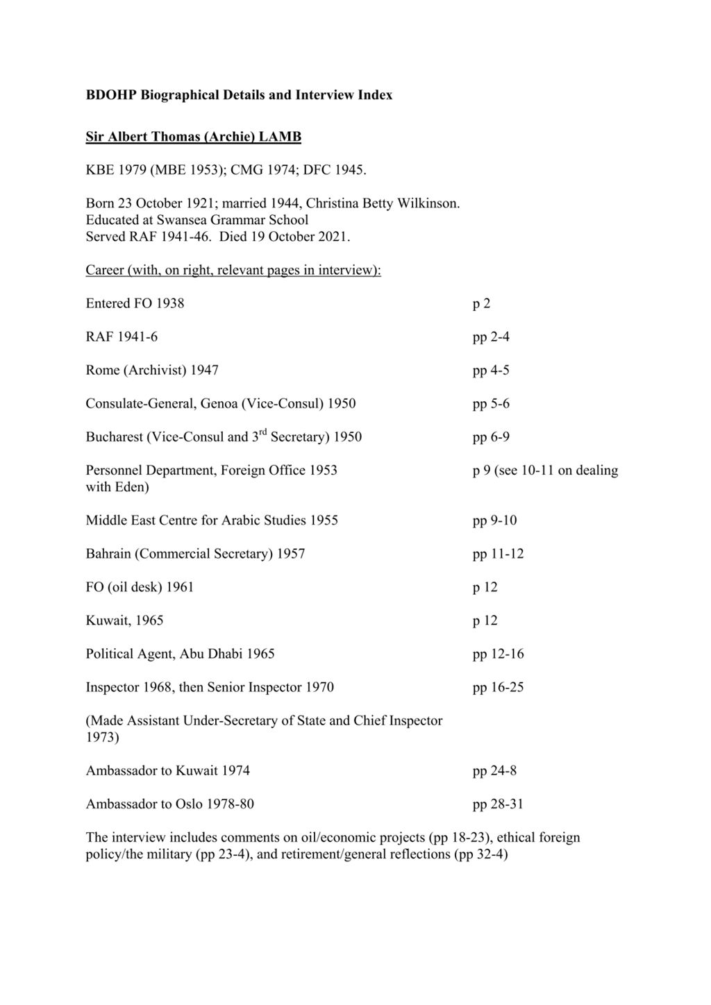 Miniature of Transcript of interview: Sir Archie Lamb