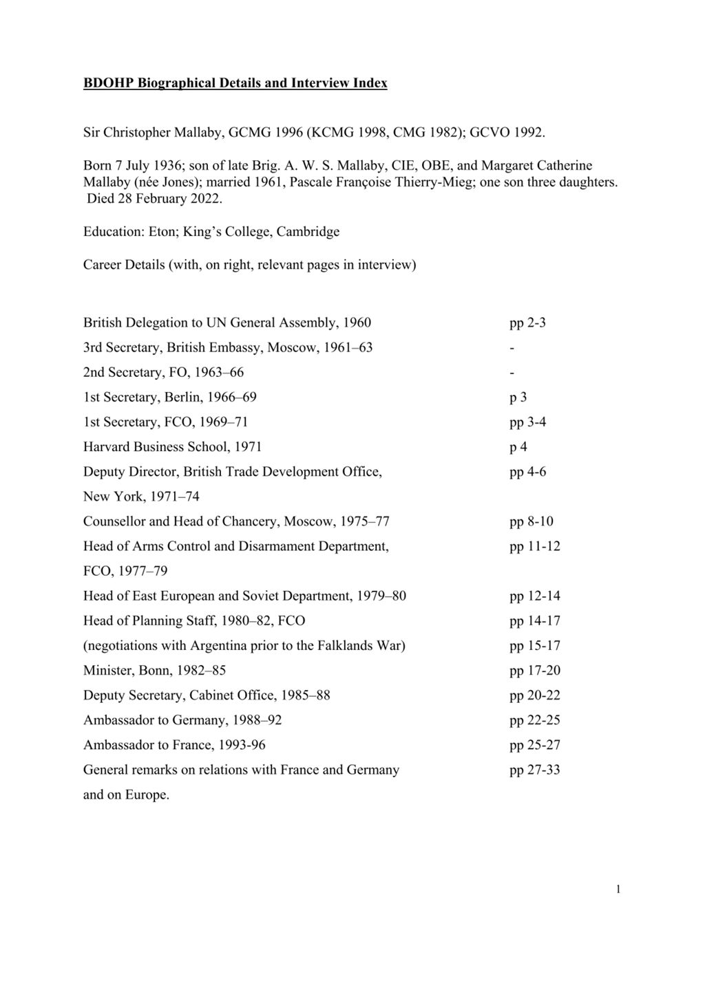 Miniature of Transcript of interview: Sir Christopher Mallaby