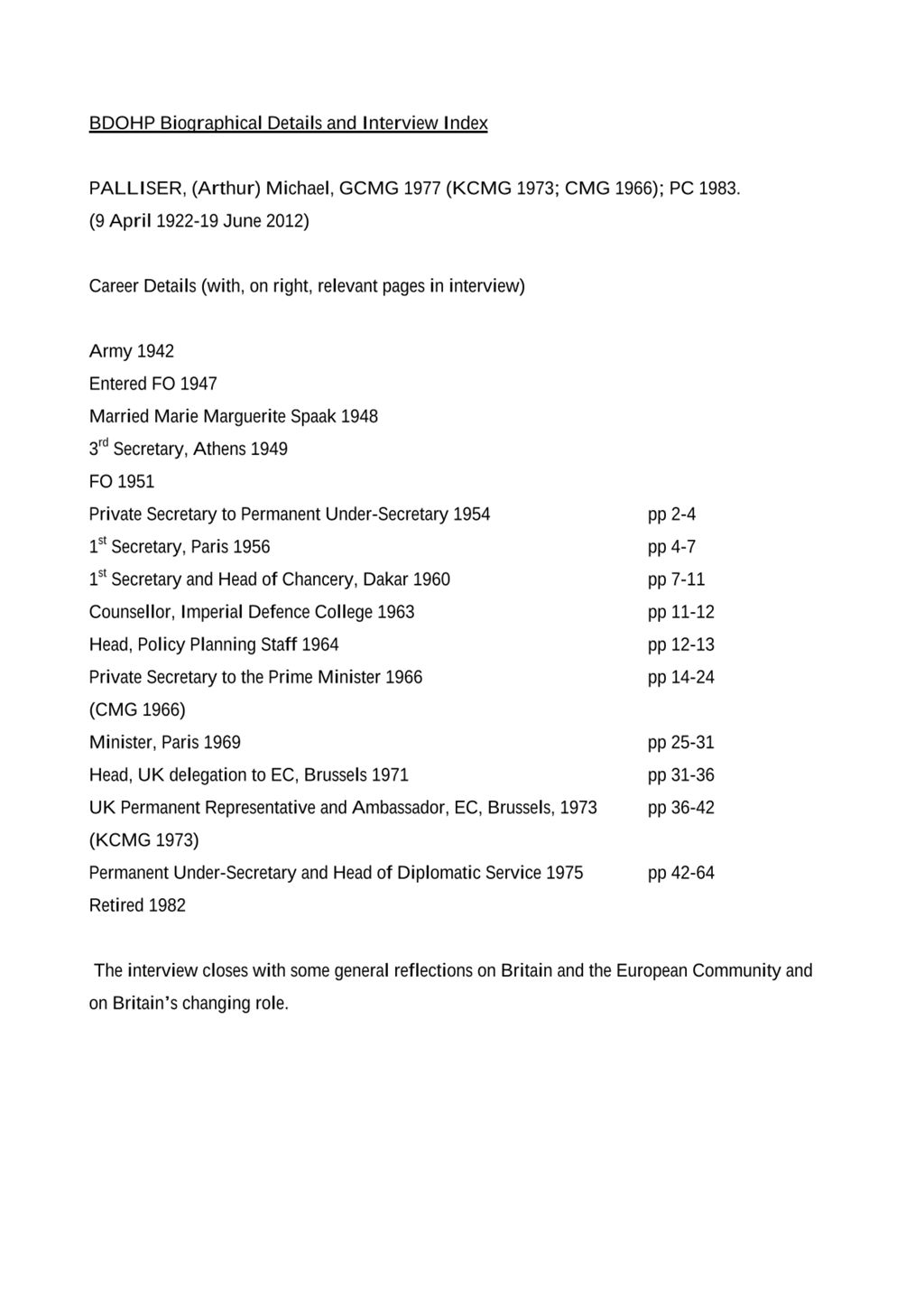 Miniature of Transcript of interview: Sir Michael Palliser