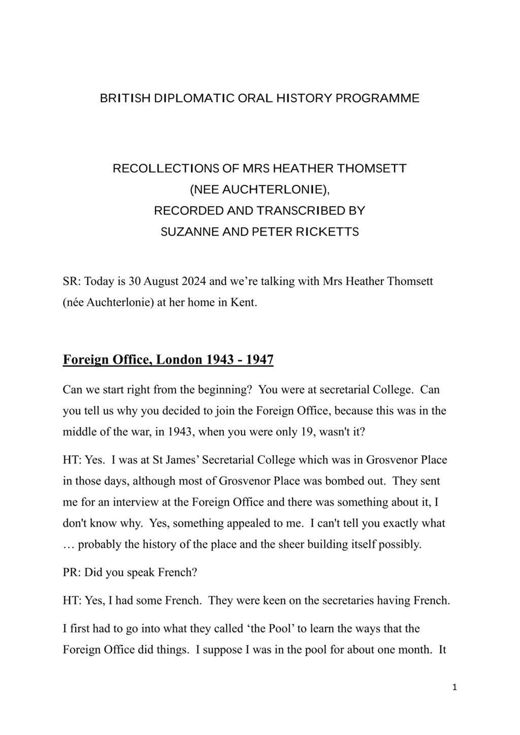 Miniature of Transcript of interview: Heather Thomsett